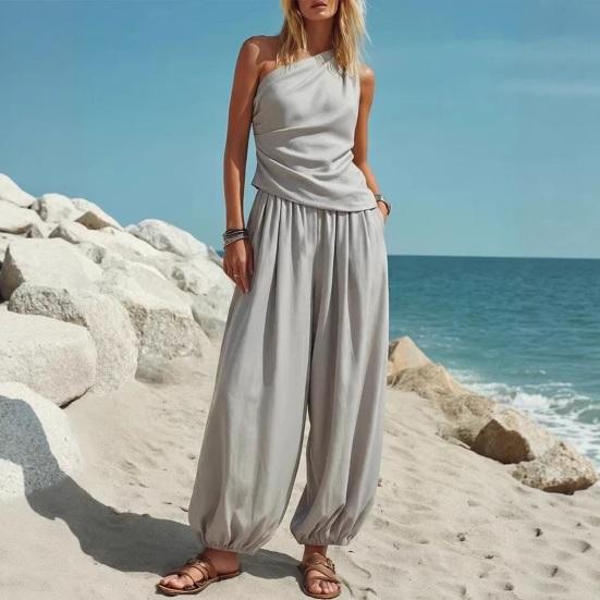 Women Tank Top Pants Two Piece Set Summer One-shoulder Sleeveless Shirt Trousers Solid Color Breathable Loose Casual Top Pants Suit