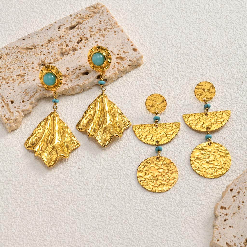 Vintage Drop Earrings 18K Gold Plated Stainless Steel Irregular Geometric Hammered Turquoise Dangle Ear Jewelry One Pair
