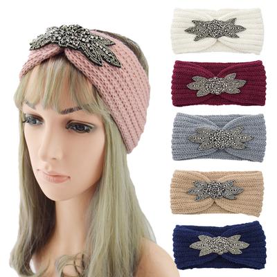 Diamond-Set Six-Leaf Gemstone Knitted Wool Headband Sports Headband Headband Handmade Headgear Woven Thermal Hair Accessories
