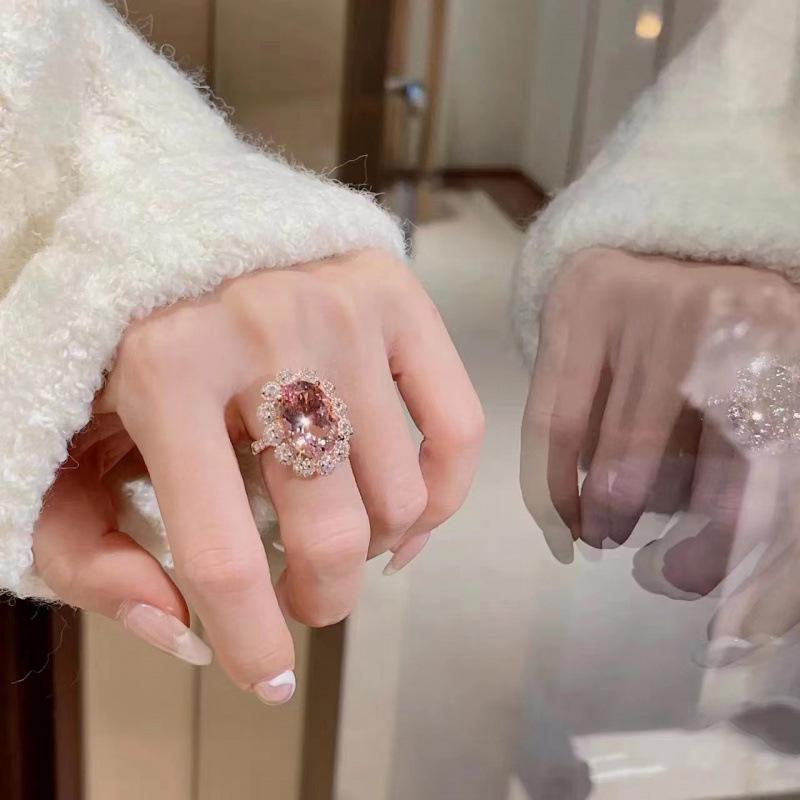 Trendy Light Luxury High-Carbon Pink Diamond Cut Open Ring for Women Adjustable Open Ring