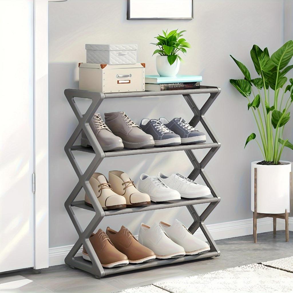 Four-Tier Folding Shoe Rack - a Space-Saving Storage Solution That Can Hold 8 Pairs of Shoes, Featuring an X-Shaped Plastic Frame, Vintage Design