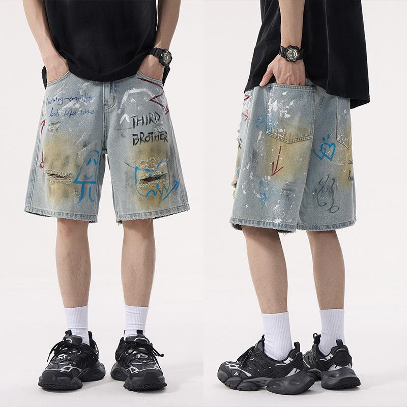 Summer American-style Trendy Graffiti Print Ripped Denim Short Men's Five-point Pants Medium Pants