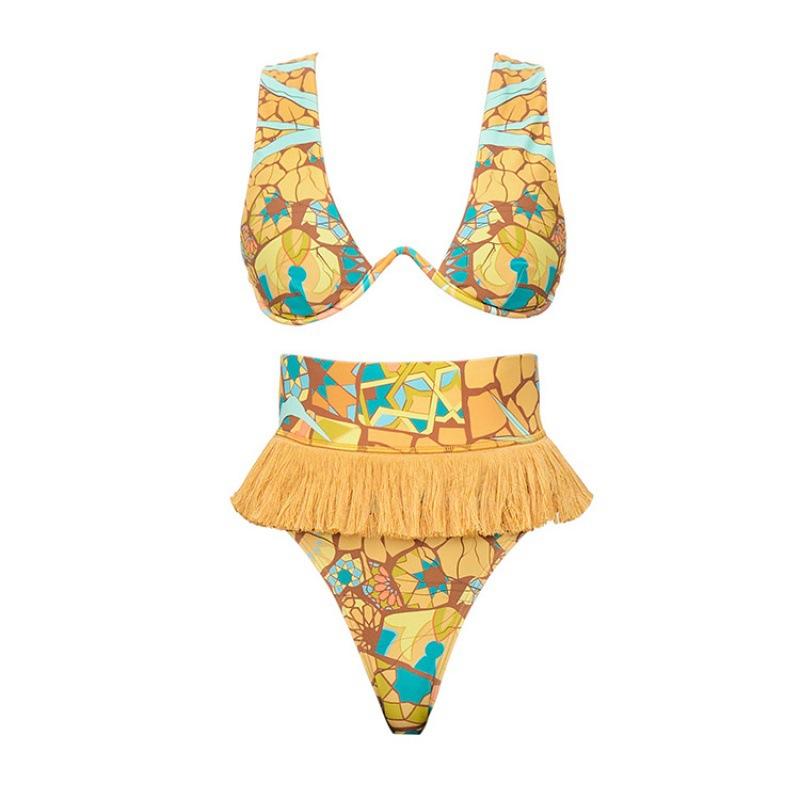 European and American bikini ethnic style print fringed swimsuit suit women s swimwear European and American fashion S