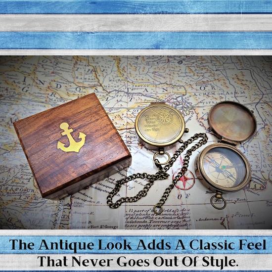 Nautical Compass Not All Those Who Wander Are Lost Engraved Solid Brass Navigational Vintage Marine Compass with Wooden Box