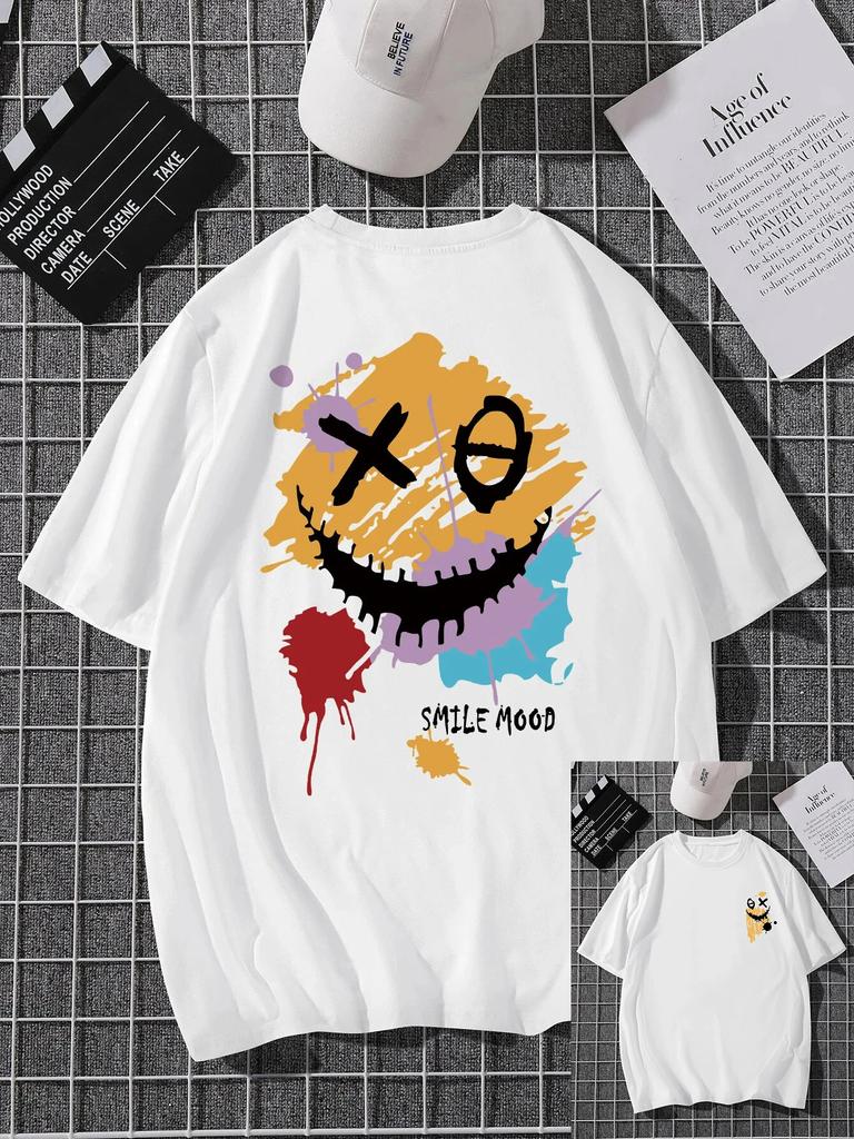 'Smile Mood' Print, Men's Casual Crew Neck Short-Sleeve  Fashion Summer T-Shirts Tops, Men's Outfits Tee,Regular Oversize Tees
