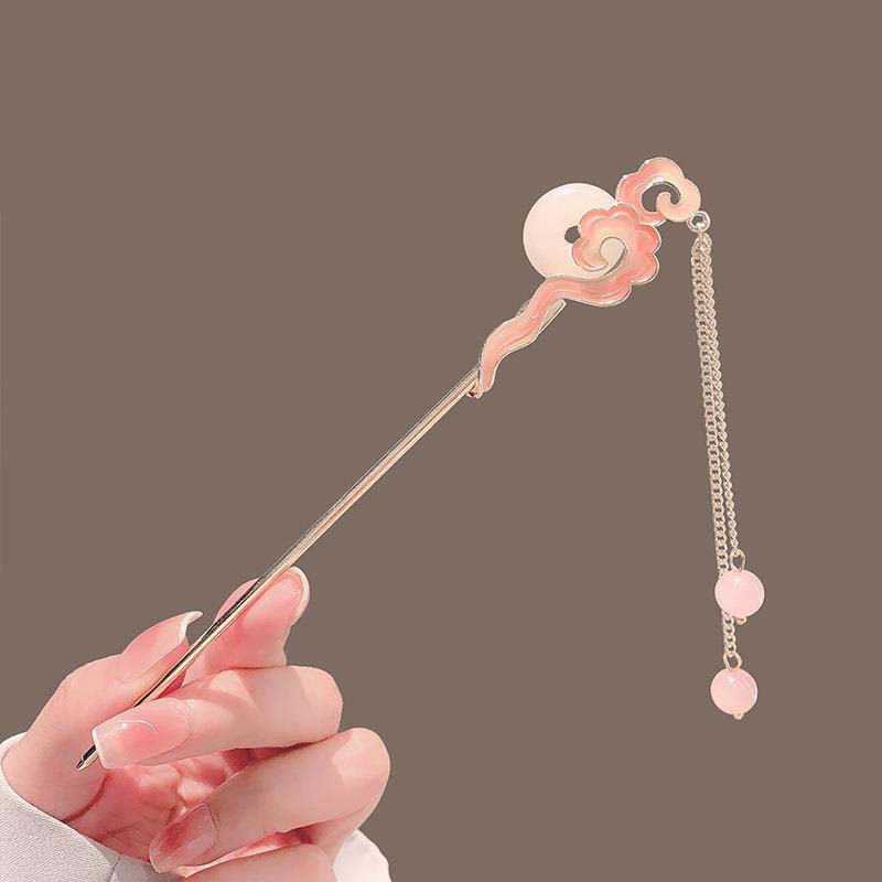 Vintage Chinese Style Pink Flower Hair Sticks For Women Elegant Crystal Tassel Hairpins Hair Buns Hanfu Headwear  Hair Ornaments