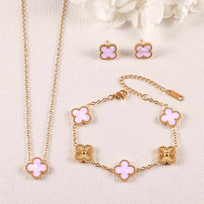 

Vintage Four-leaf Clover Light Luxury Colorfast Three-piece Necklace Bracelet and Earring Series 18k