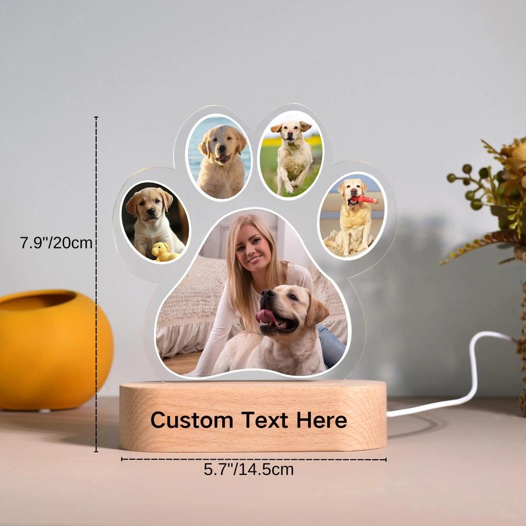Personalized Acrylic Light Custom Pet Photo And Engraved Text Cute Dog Paw Shape With Wooden Base Creative Home Decor Gift