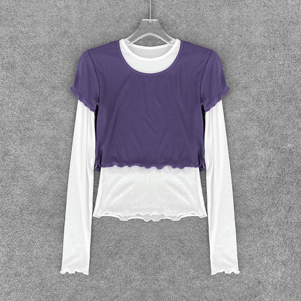 

Nanyou Women s Ruffle Edge Layered Long Sleeve T-Shirt, Lyocell Merino Wool, Color Block, Two-Piece Look Large белый/фиолетовый