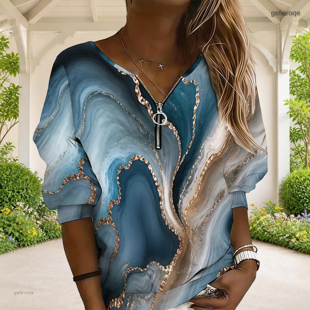 Women Plus Size V Neck Front Zip Sweatshirt Long Sleeve Ribbed Cuffs Colorful Swirl Printed Top