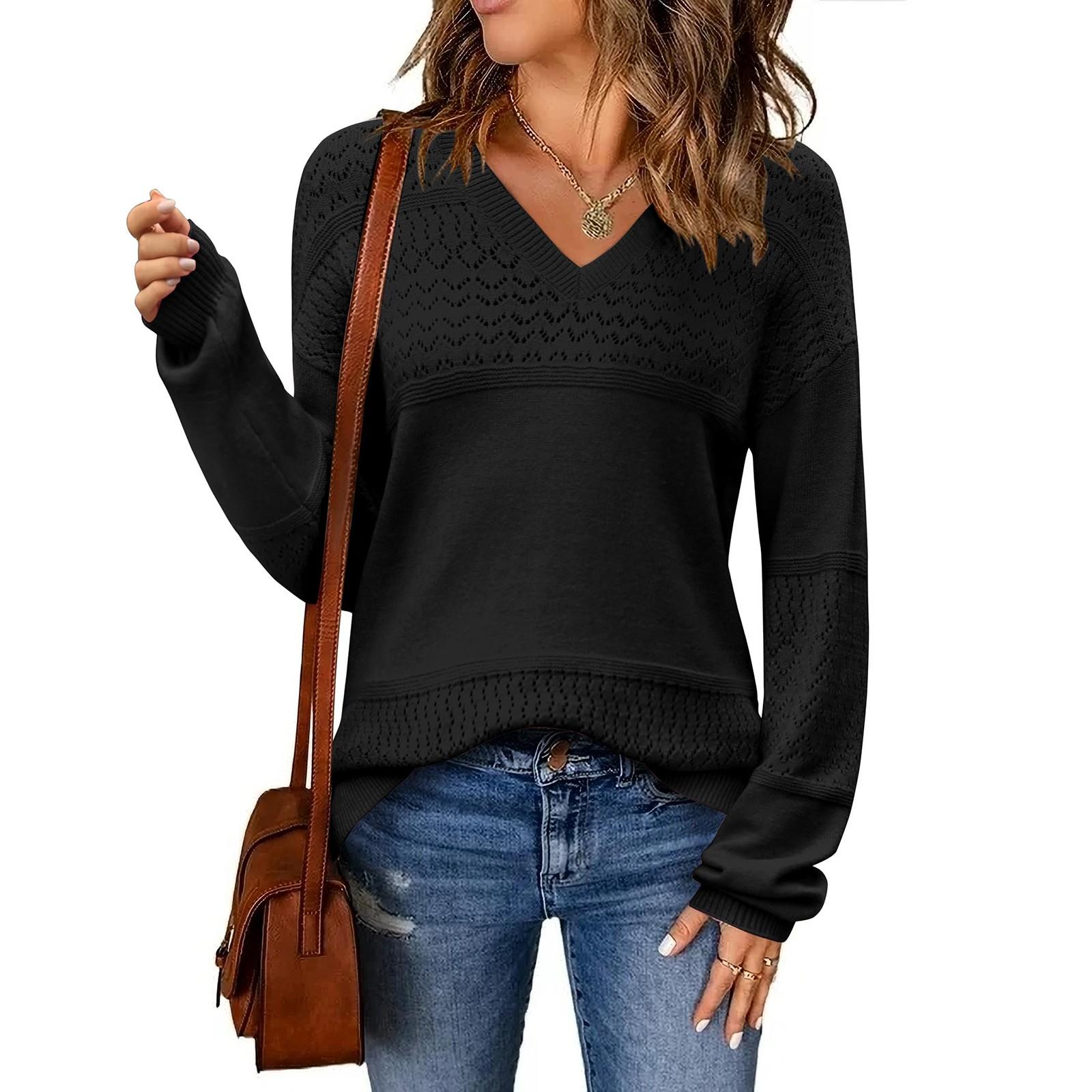 Women s Loose Knitted Sweater With V-Neck Hollowed Out Pullover Long Sleeved Solid Color Top L