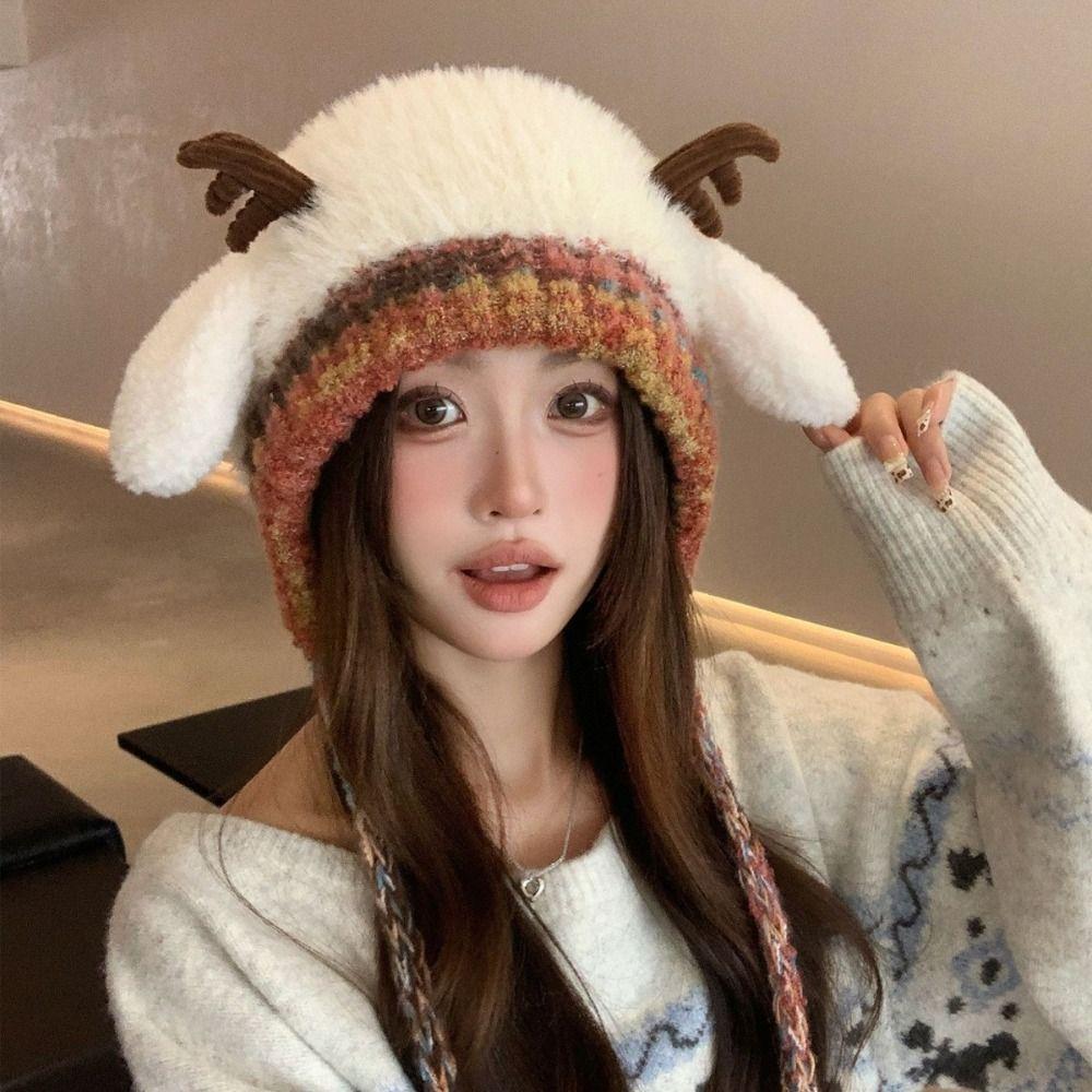 New Fur Deer Storage Hat Ear Protection Windproof Festival Christmas Antler Hat 2 In 1 Warm Knitted Deer Antler Hat Outdoor