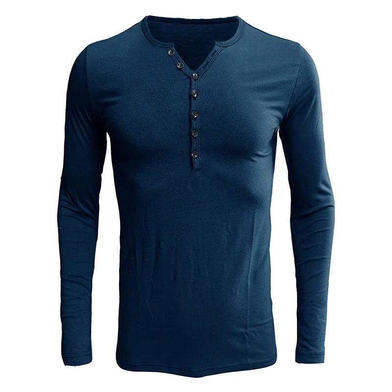 Herren Henley-Kragen Langarm-T-Shirt Unifarben Slim Fit Knopfleiste Lässiges Unterhemd Trendige Oberteile