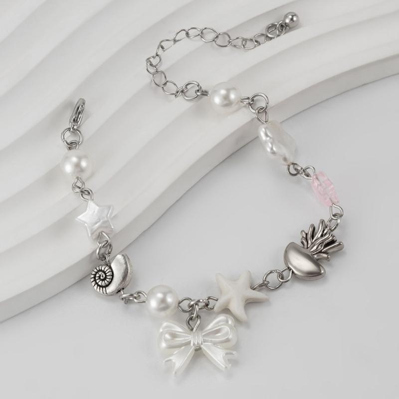 Faux Pearls Beaded Bracelet with Bowknot Pendant Butterfly Knot Charm Wristchain Adjustable Length Handchain Ornament