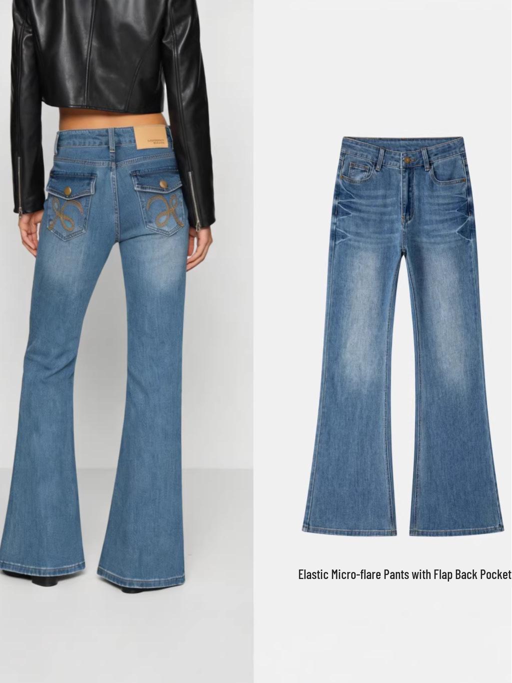 

Women s Spring 2026 High Waist Embroidered Blue Micro Flare Jeans with Back Pocket Flap Large