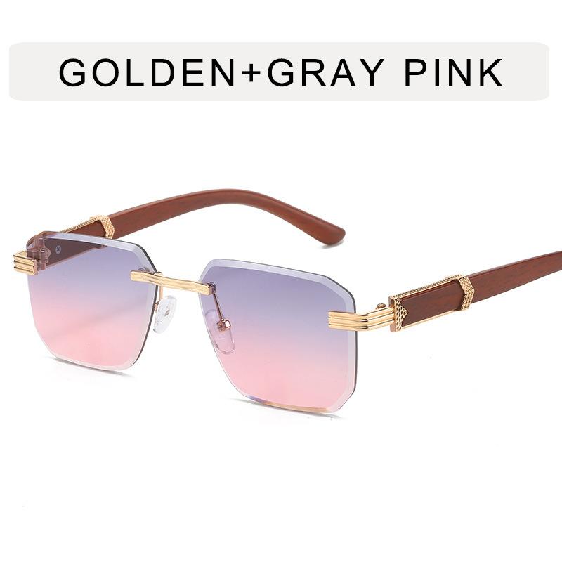 Arrow Wood Grain Legs Frameless Trimmed Sunglasses Women, Irregular Square Sunglasses Retro Sunscreen Glasses