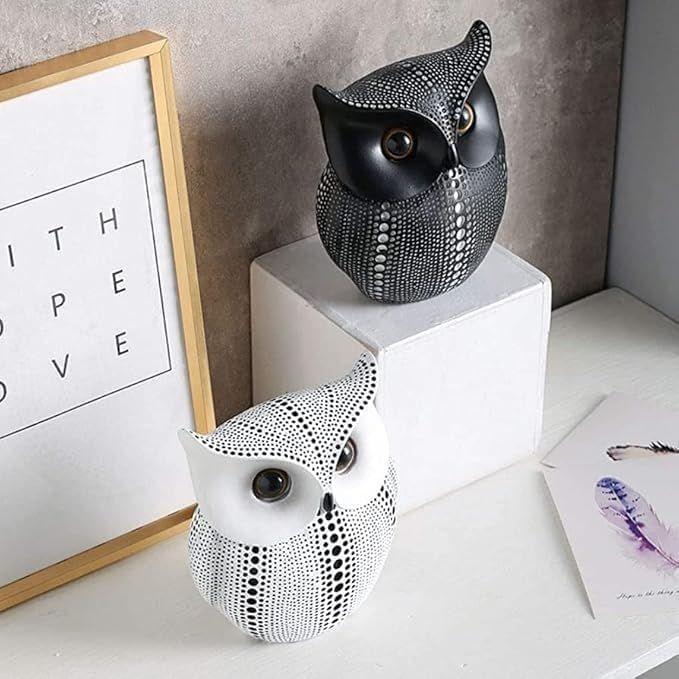 Modern Classy Lucky Owl Resin Art Figure Showpiece (Black and White, 2 Piece)