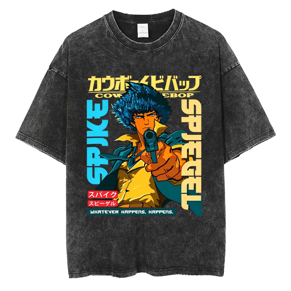 Anime Cowboy Bebop Vintage Washed T-shirt Manga Spike Spiegel Whatever Happens Happens T-shirts Retro Oversized Tee Shirt Unisex