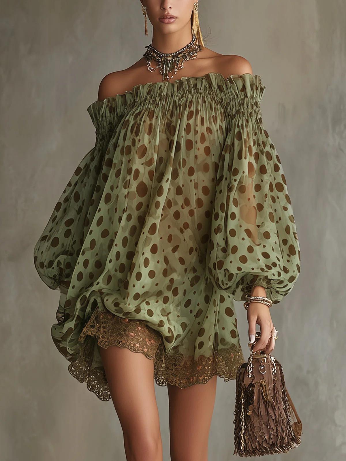 Green polka dot shirt women s foreign chiffon shirt 2026 spring new French lace top dress S