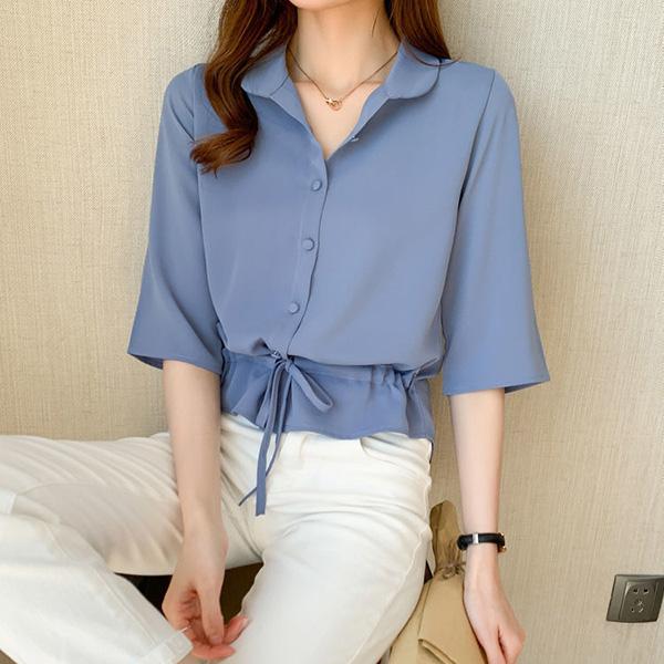 Spring Summer Women's Versatile Solid Color Turn-down Collar Half Sleeve Chiffon Shirts Casual Shirring Single-breasted Blouses