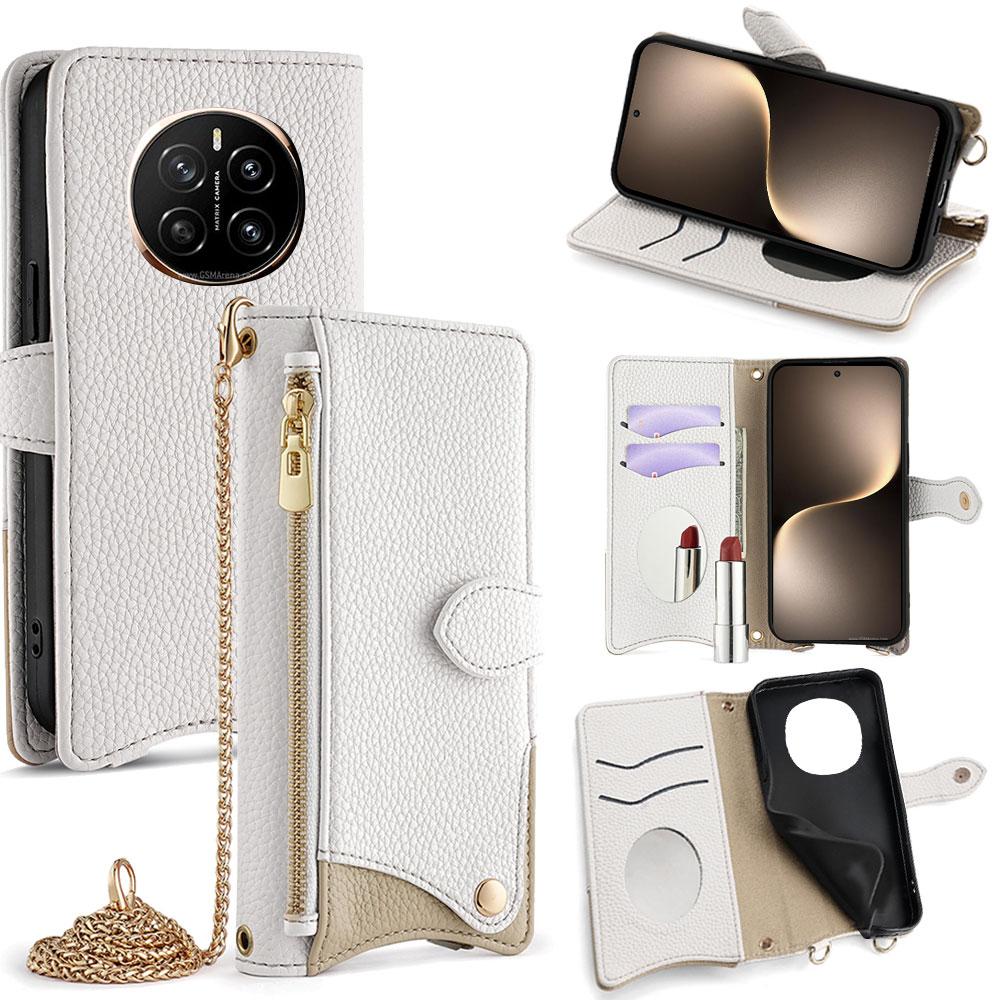 

For Honor Magic7 5G Leather Case Wallet Stand Cover Irregular Tail Style with Chain Strap White