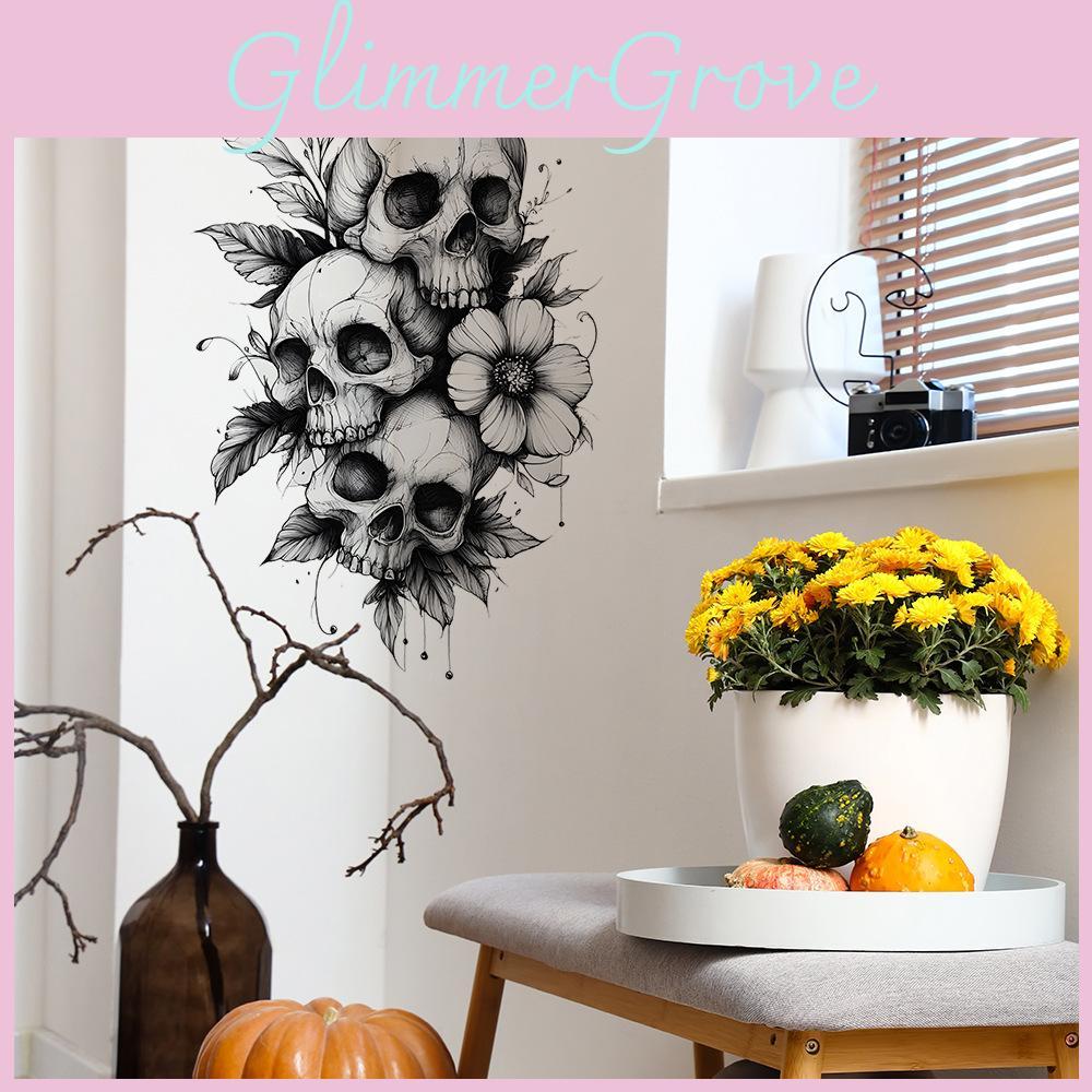 Halloween Schwarz-Weiß Skelett Floral Wandaufkleber mit PVC-Material für Heim- und Büroräume