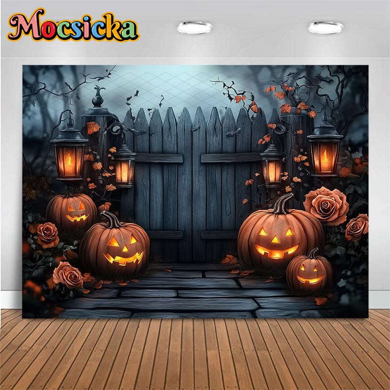 Mocsicka Halloween Backdrop Photography Rose Grey Wooden House Door Decoration Fall Pumpkin Party Photo Background Studio Banner