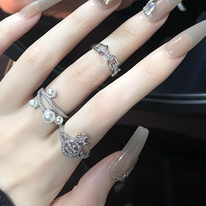 Nischendesign Geometrischer Hufeisenring Saturn Perle Diamant Zirkon Kaltwind Premium Sense Han Offener Ring Damen