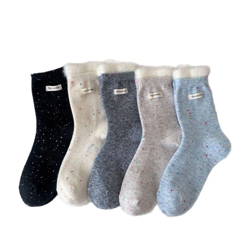 Dot Yarn Wool Socks for Women's Autumn and Winter, Letter Fabric Label Mid-calf Socks, Warm and Thickened Plush Pile Socks