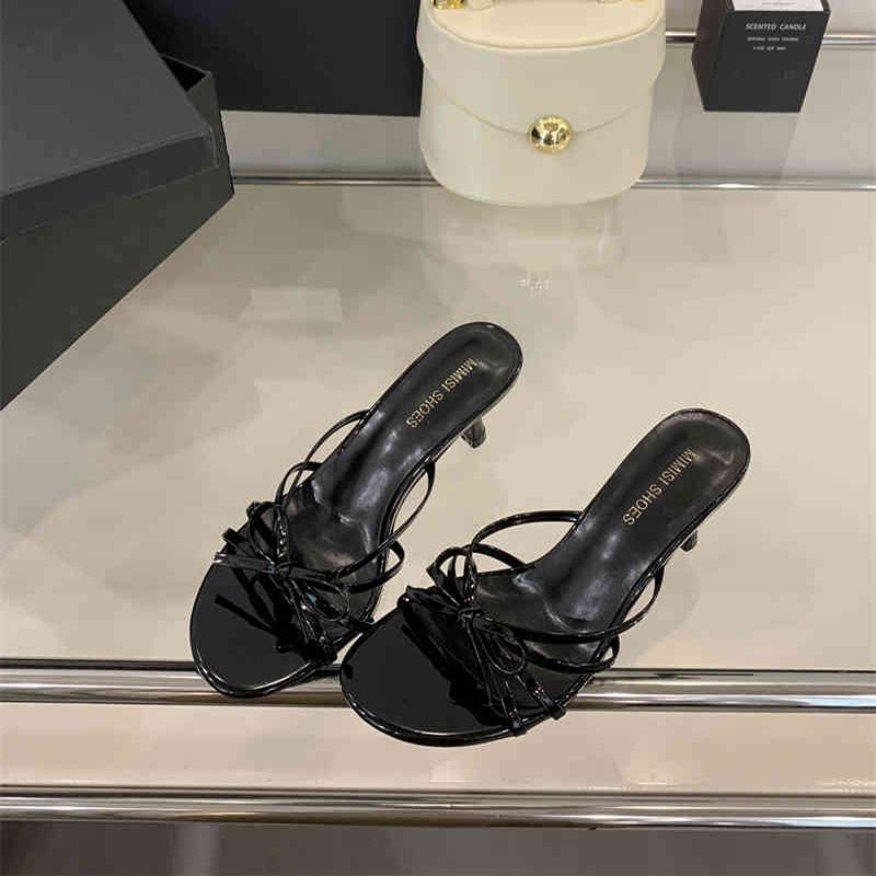 Summer Women Round Toe High Heel Slippers Fashion Butterfly-knot Dress Slide Ladies Evening Party Sandalias