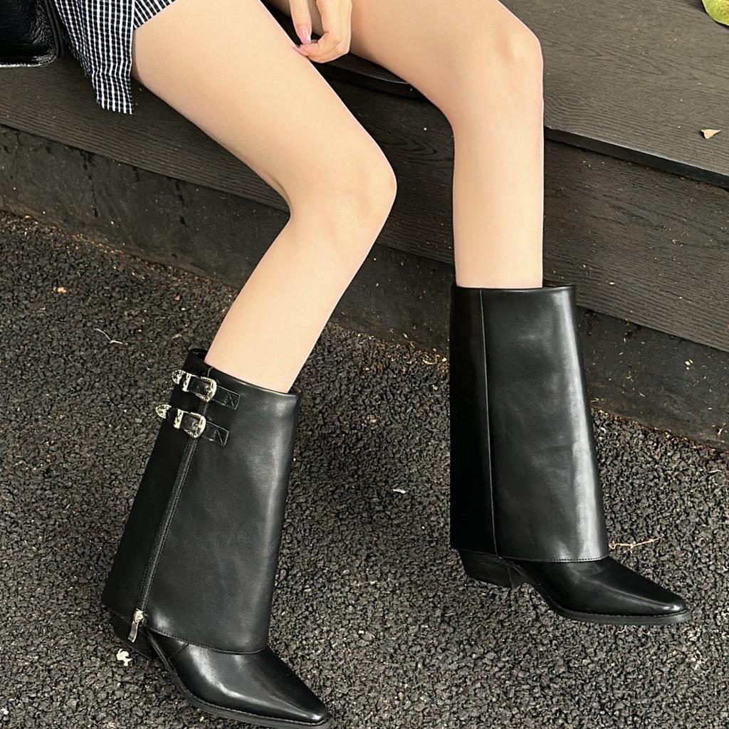 Niszowe skórzane kowbojskie buty westernowe do połowy łydki damskie na grubym obcasie ze szpiczastym noskiem zapinane na boczny zamek botki do spodni