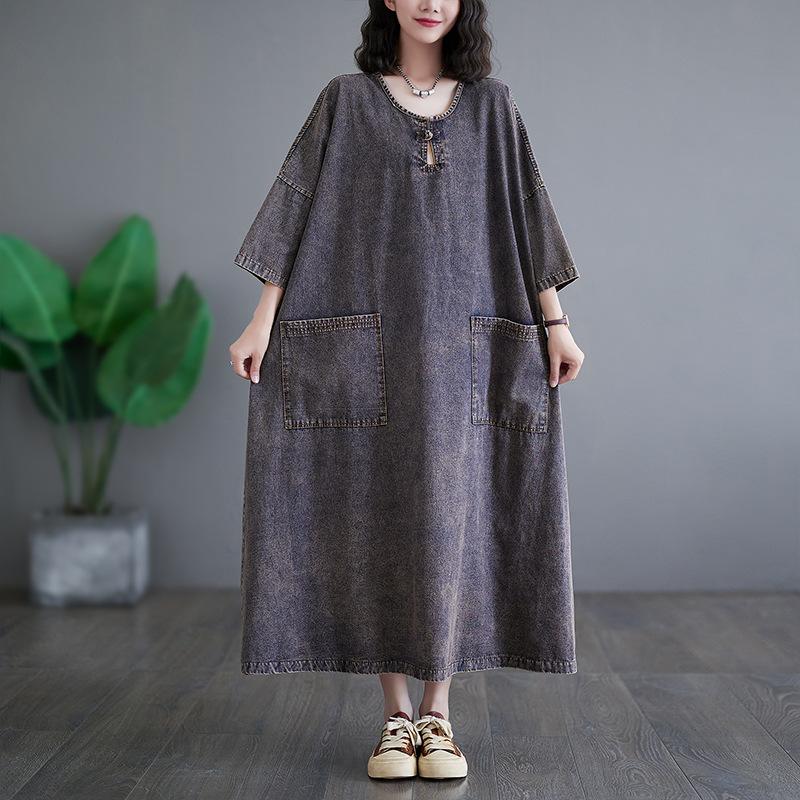 Vintage Style Denim Long Dress Loose Casual Fashionable Mid Long Women's Thin Dress Autumn Street Wear Women's Dress