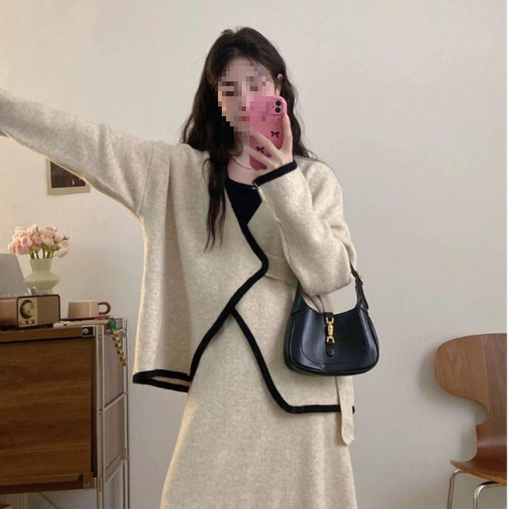 Damen Übergröße Unregelmäßiges Zweiteiliges Set mit Fleece-Futter: Schlankmachender Midirock für Herbst/Winter