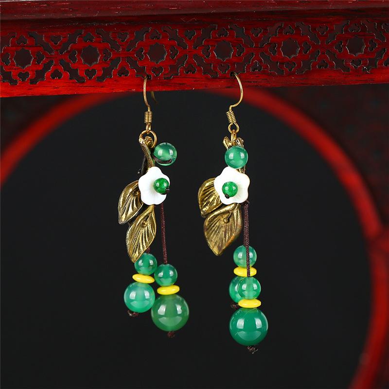 Handmade Classical Jade Fringed Earrings, Retro Female Long Style Temperament Agate Shell Antique Earrings, Earrings.