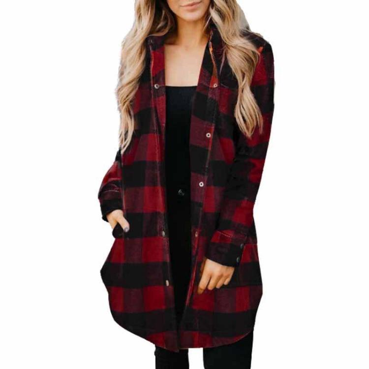 Plaid Mid Length Long Sleeve Women Jacket Shirt Top S красный