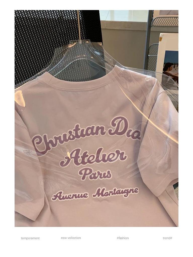 Women's Oversized Purple Embroidered Letter T-Shirt - Pure Cotton, Short-Sleeved, Summer Fashion.
