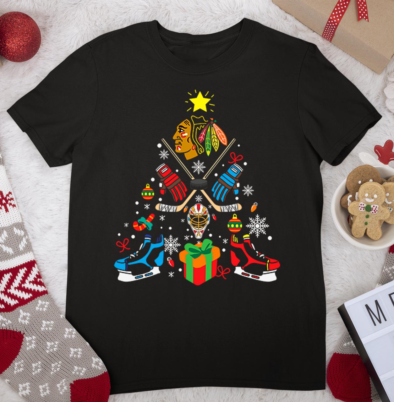 Chicago Blackhawks Christmas Tree Hockey Men T-shirt Black Tee JJ4723 Unisex T-Shirt L
