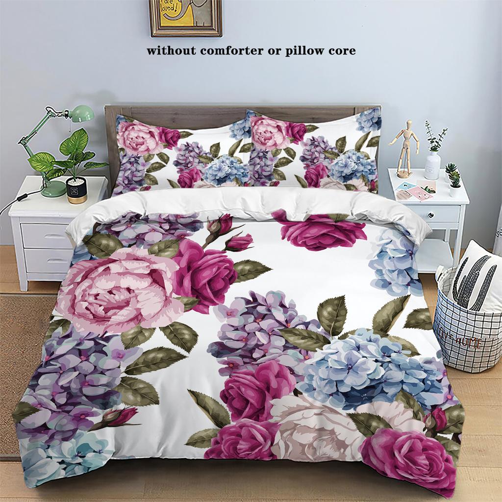 Copripiumino in piuma con stampa floreale rosa naturale, 3 pezzi (1 copripiumino+2 federe, senza imbottitura) set biancheria da letto