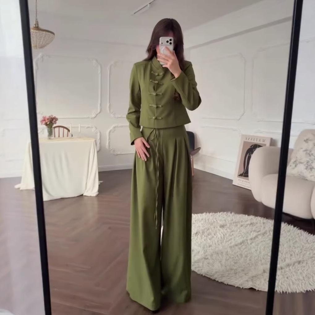 autumn new European and American women's cross-border new Chinese suit, disc-buckled stand-up collar top, wide-leg pants two-piece set
