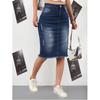 Women's Dark Blue Ripped Denim Midi Skirt - Casual, Versatile, Bodycon for Spring, Summer, & Autumn