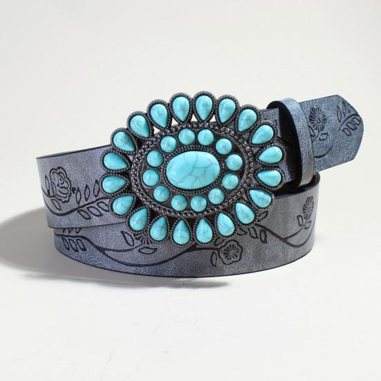 Boho Belt Rose Flower Carved Pattern Faux Turquoise Decor Vintage Western Belt Snap Button Imitation Leather Waistband