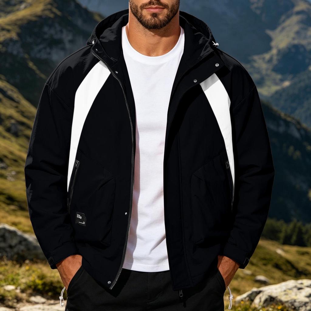 Men's Color-Block Windproof Outdoor Jacket with Removable Hood, for Hiking and