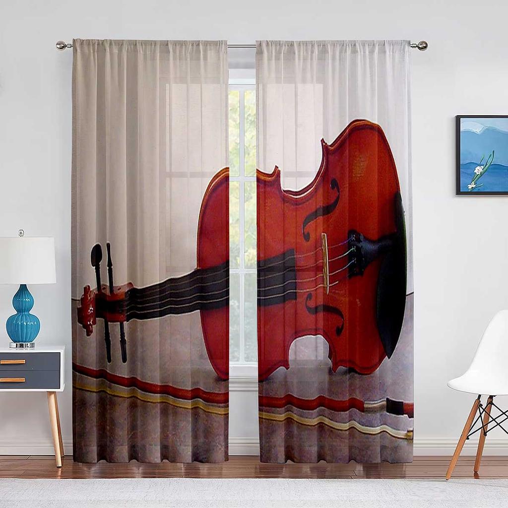 Vintage Fiolin på Trä Skira Voilgardiner för Vardagsrum Sovrum Chiffong Tyllgardiner Kök Fönsterbehandlingar Draperier