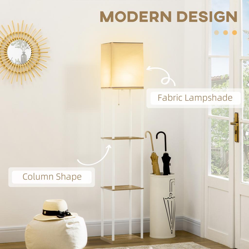 Modern Metal Floor Lamp with Shelves, 3 Layer Shelf Tall Standing Lamp with Fabric Lampshade, Pull Chain Switch for Living Room, Bedroom