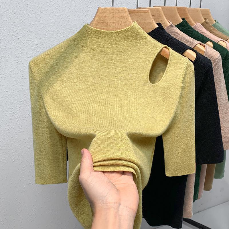 Женский вязаный свитер с полувысоким воротником новинка европейская женская одежда сексуальный пуловер темпераментный топ с рукавом пять четвертей S 15829₽