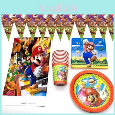 Renkli Bayraklar, Bardaklar ve Peçetelerle Süper Mario Temalı Doğum Günü Partisi Malzemeleri