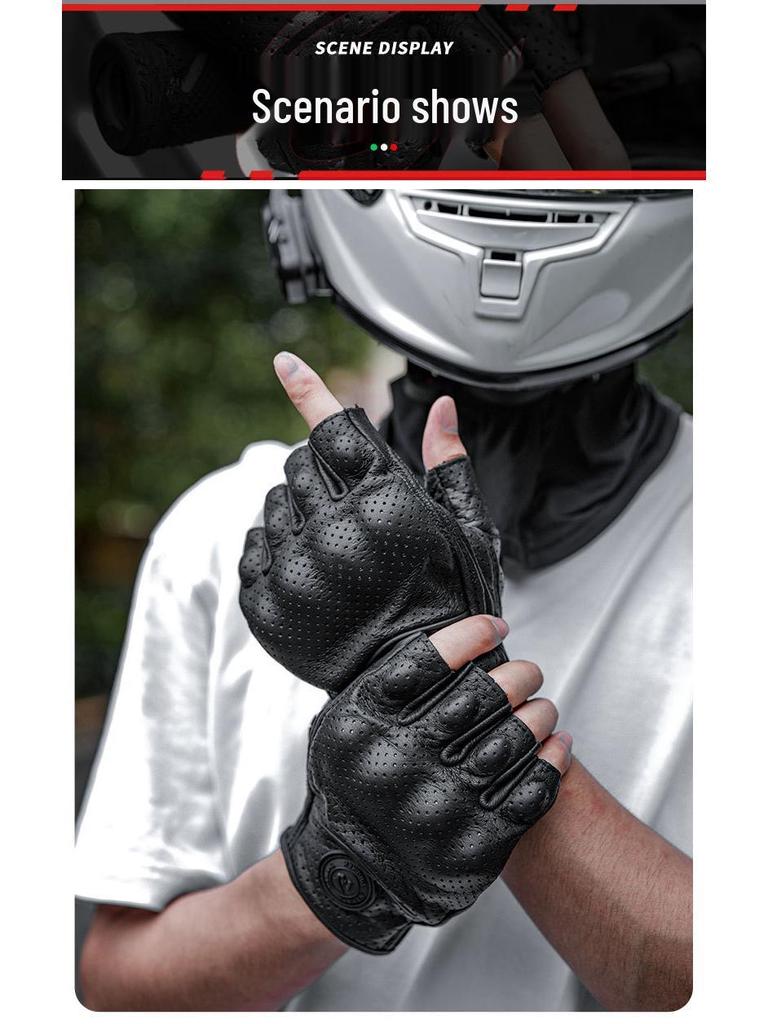 GMBIKER Genuine Leather Retro Motorcycle Half-Finger Gloves - Anti-Fall, Breathable, Full-Finger Optional for Summer Riding