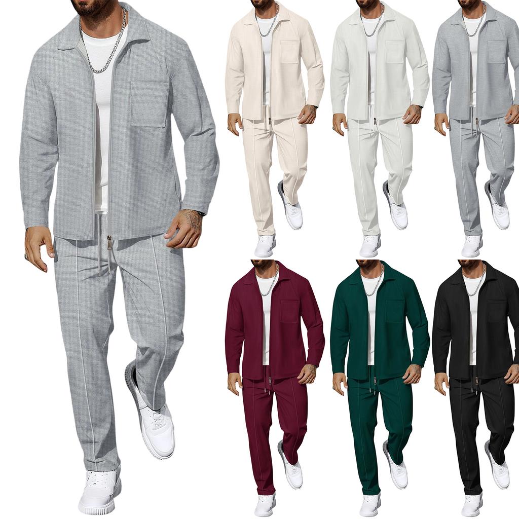 Men  Waverg  Zipper  Pocket  Flip Collar  Self-Cultivation  Cardigan  Jacket  Set