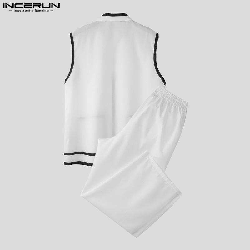 INCERUN 2PCS Men Sets Sleeveless Waistcoat and Long Straight Stitching Pants Outfits