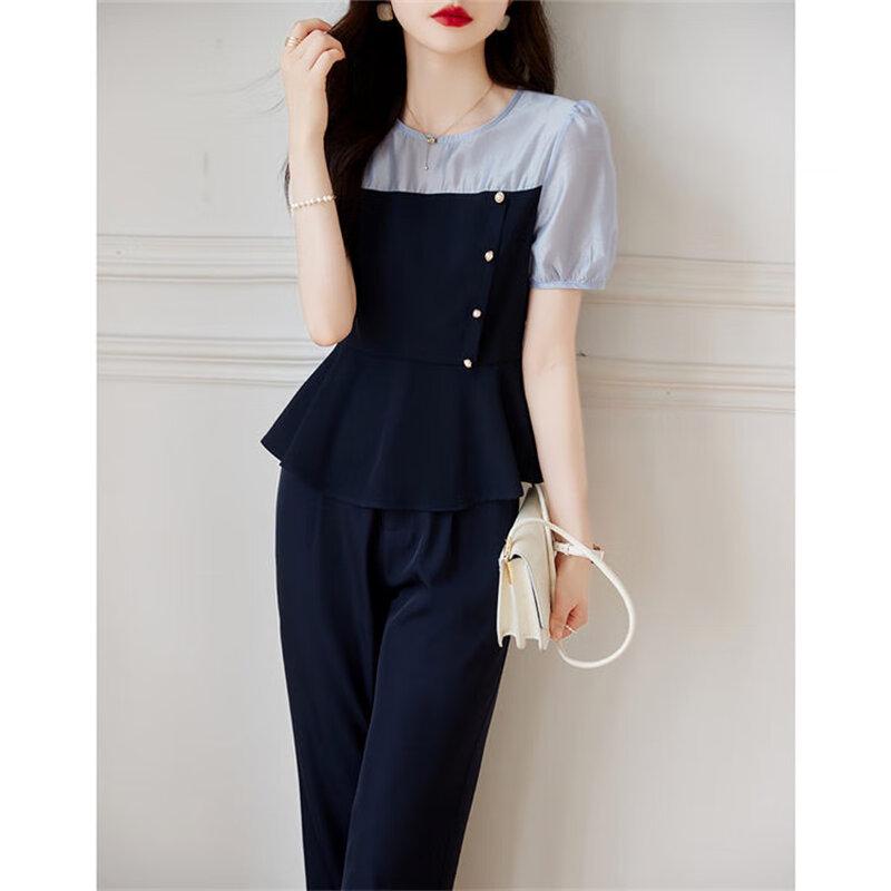Women's Summer Color Block Shirt & Cropped Pants Set